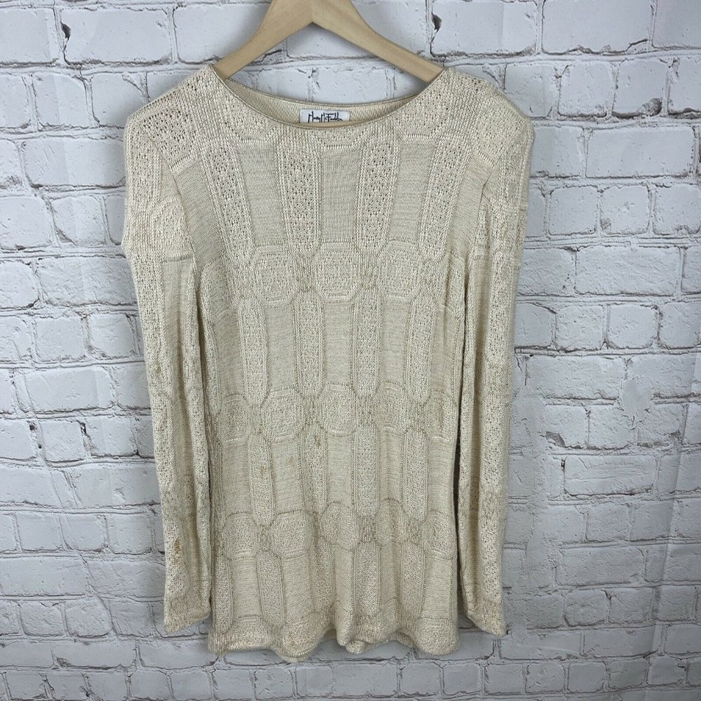 Mary Mcfadden Knits Vintage Dress Size Medium Long Sleeves Ivory Metallic Gold